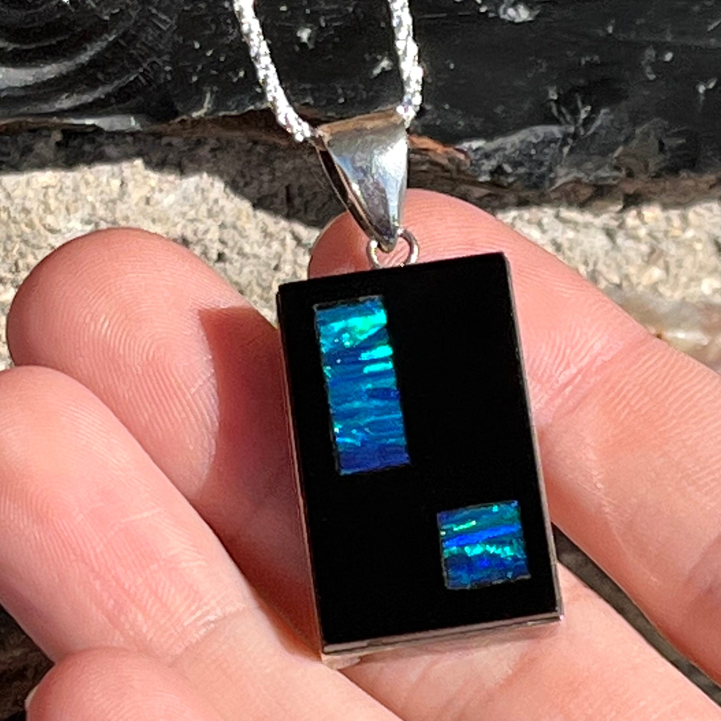 Onyx and Synthetic Opal Inlay Pendant | Sterling Silver
