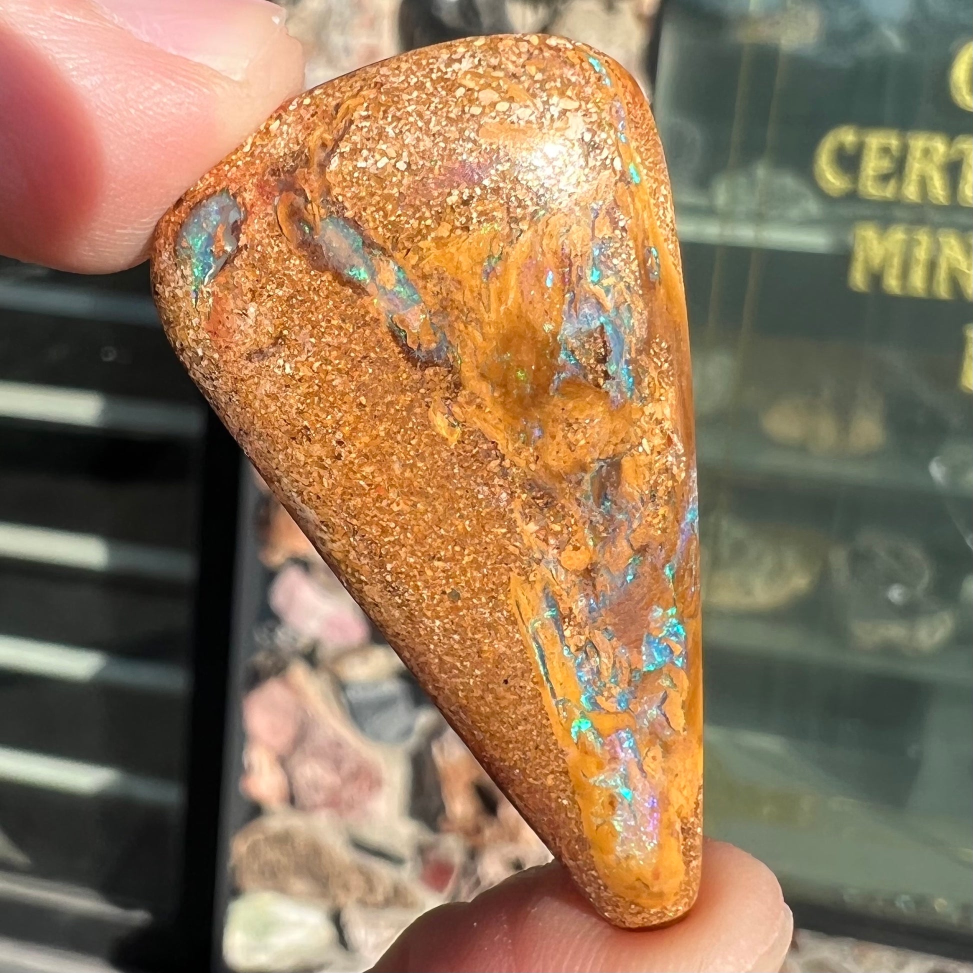 A polished, drilled pipe boulder opal bead.