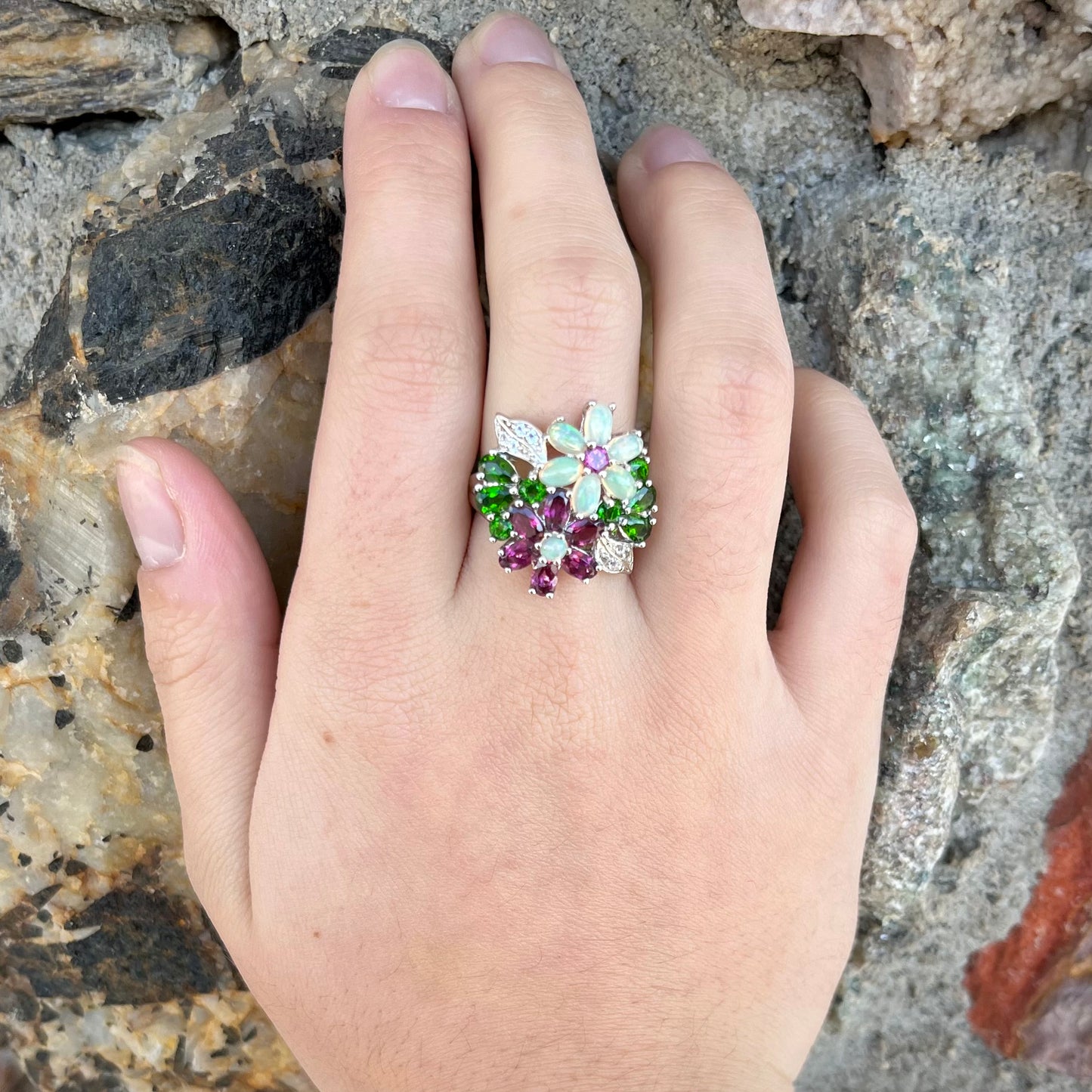 Multi Gemstone Flower Ring | Sterling Silver