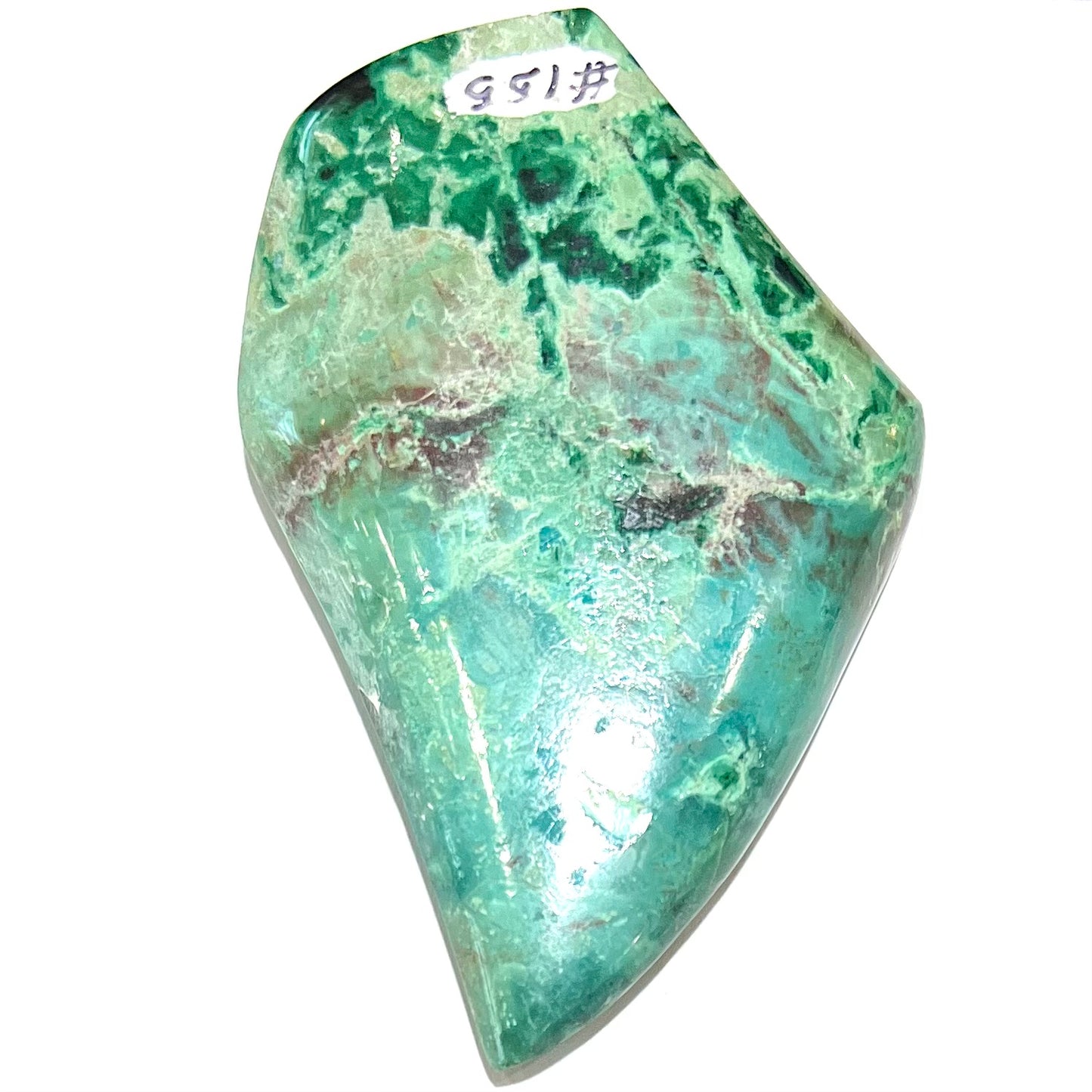A polished, freeform shaped Eilat stone from King Solomon's Mine, Israel.