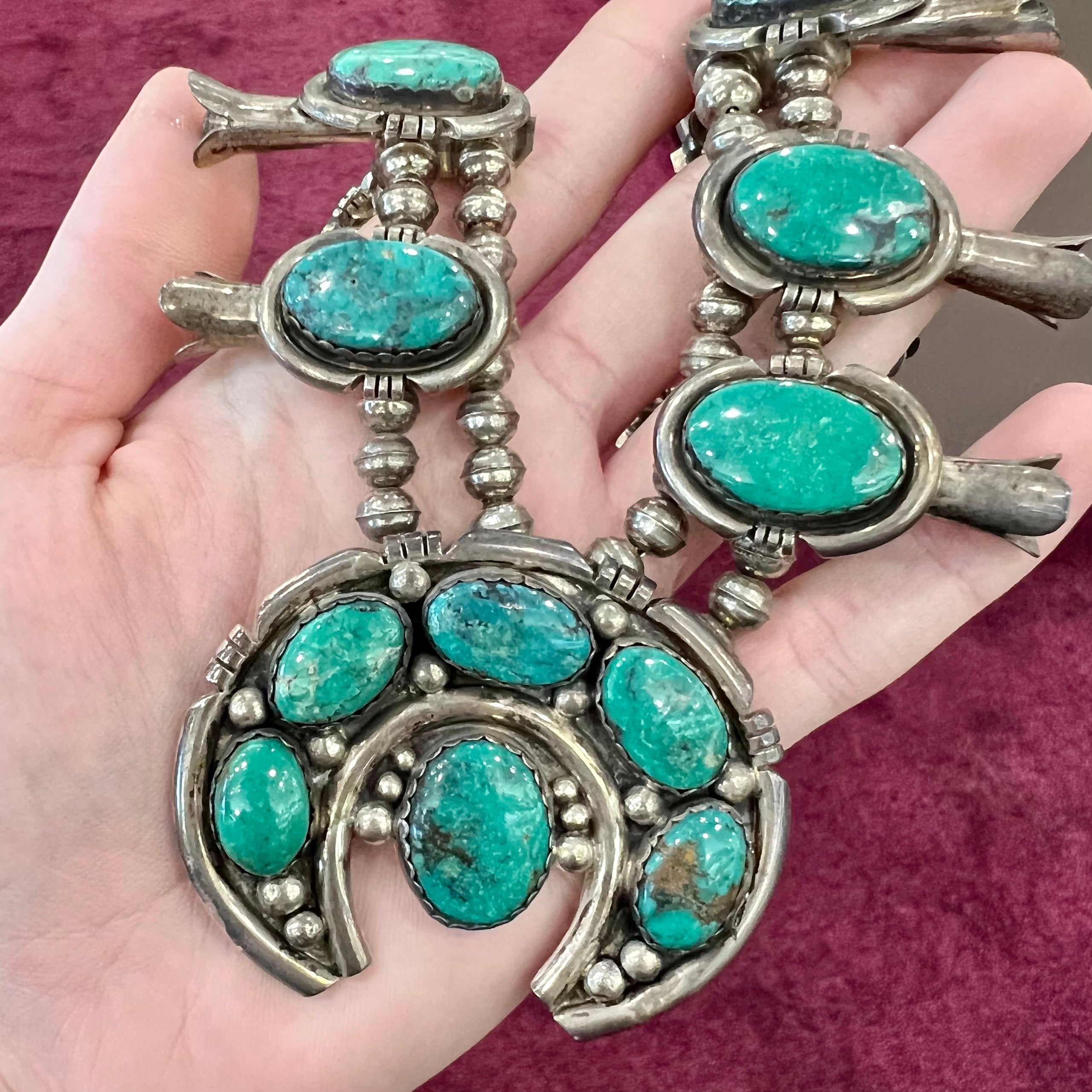 Item # 574R- Heavy Large Vintage Navajo Persian Turquoise Stamped Sterling  Silver Squashblossom Necklace —Men's and Women's Turquoise Necklaces ~  Native American Necklaces