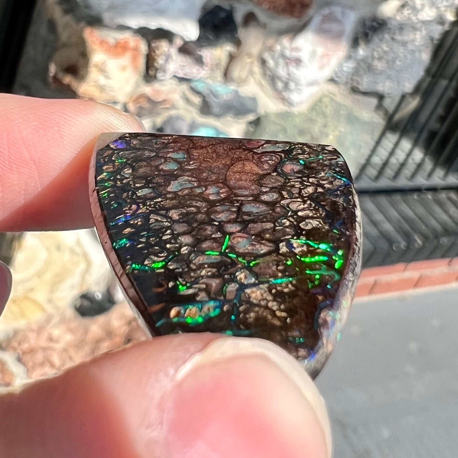A loose, patterned boulder opal stone from the Koroit Mining District in Queensland, Australia.