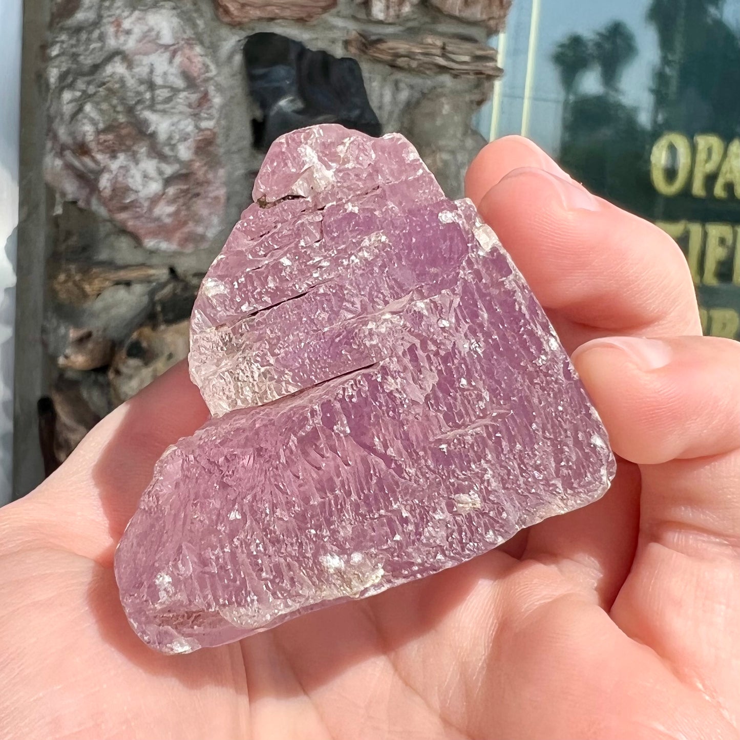 A five inch long pink kunzite crystal.  The crystal is purple when viewed down the ends.