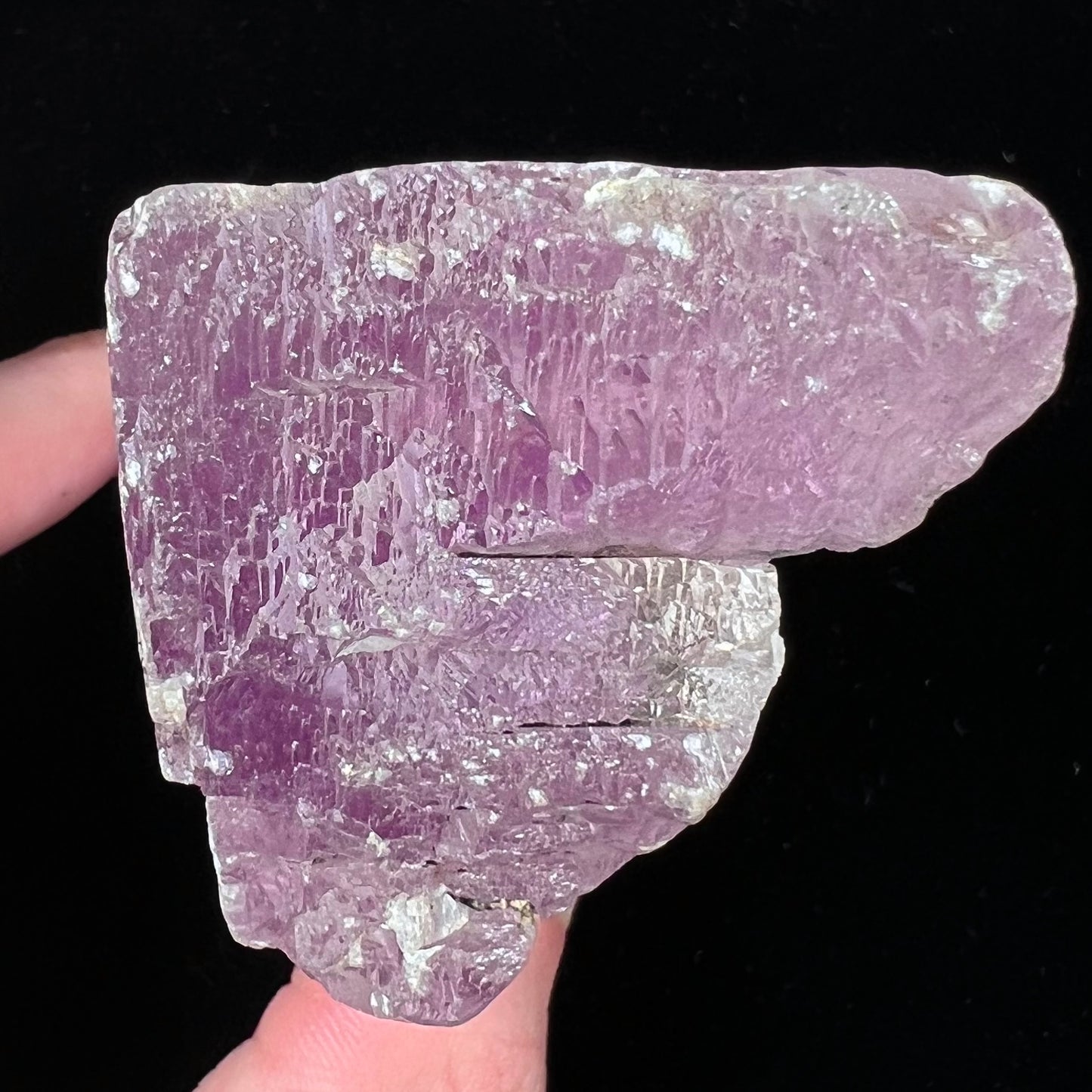 A five inch long pink kunzite crystal.  The crystal is purple when viewed down the ends.