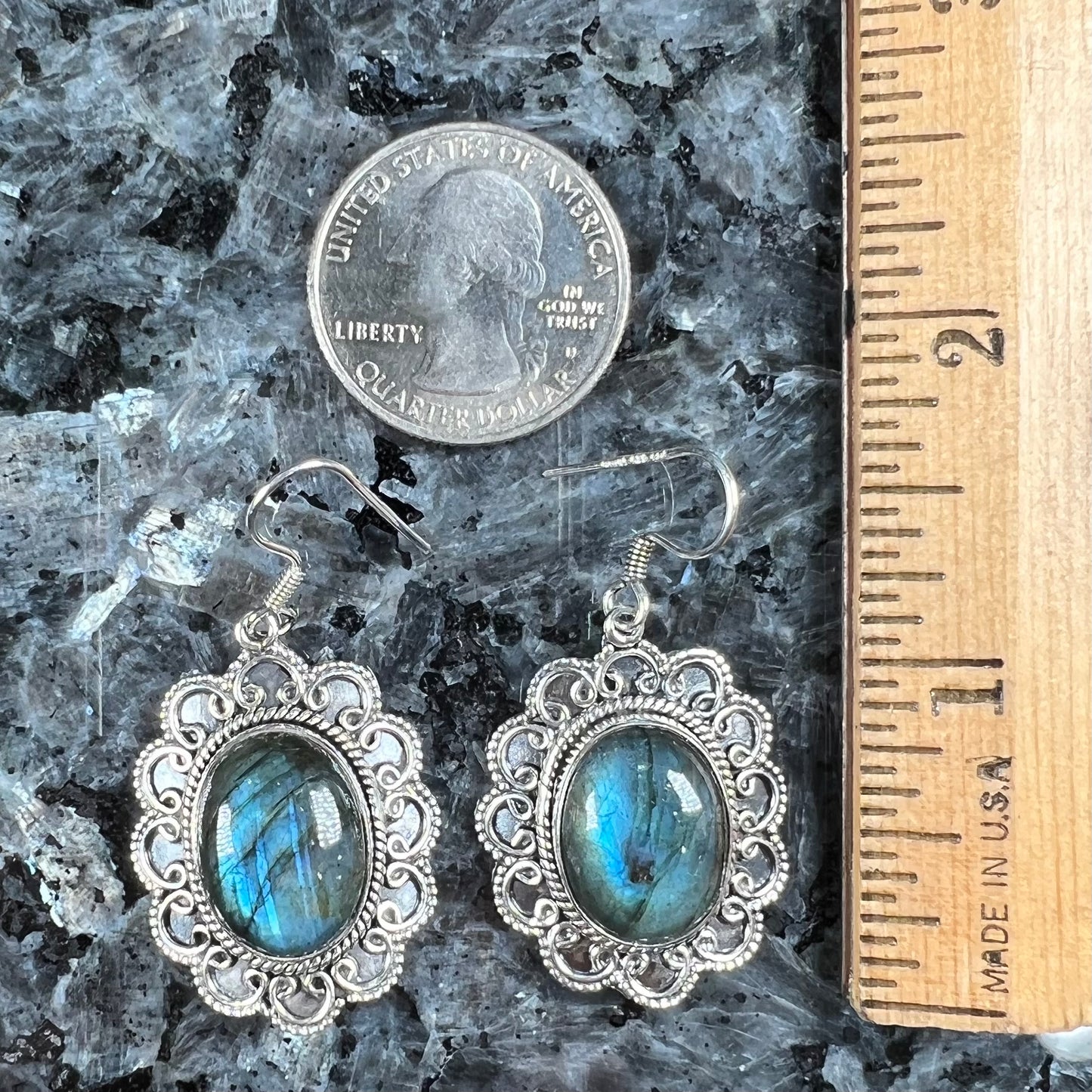 A pair of Southwest style sterling silver labradorite dangle earrings.