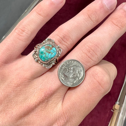 A handmade sterling silver turquoise ring set with a turquoise stone from Pilot Mountain.
