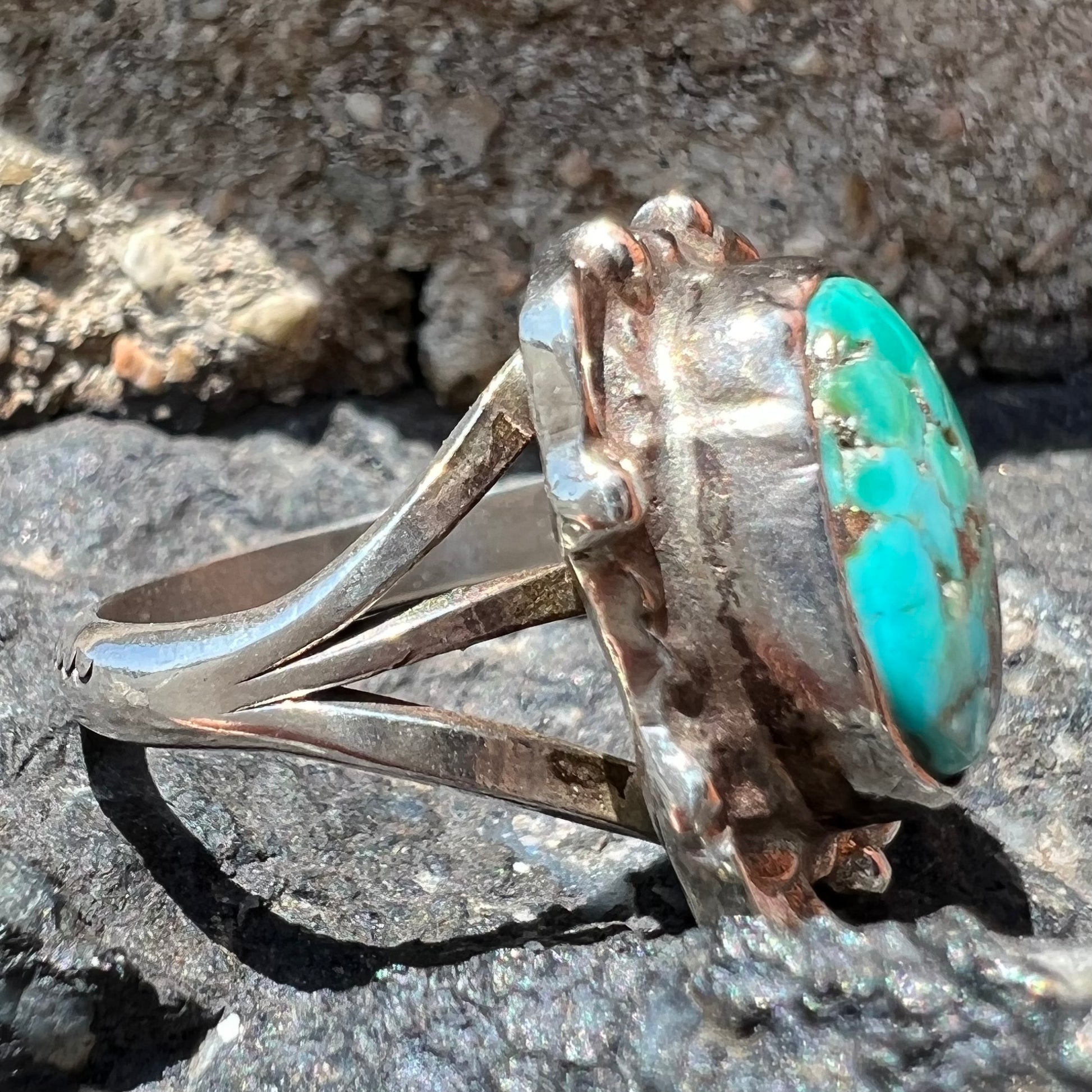 A handmade sterling silver turquoise ring set with a turquoise stone from Pilot Mountain.