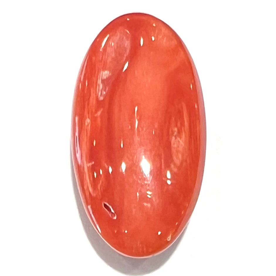 A large, loose red-orange coral cabochon that measures 1.2 inches by 0.7 inches.