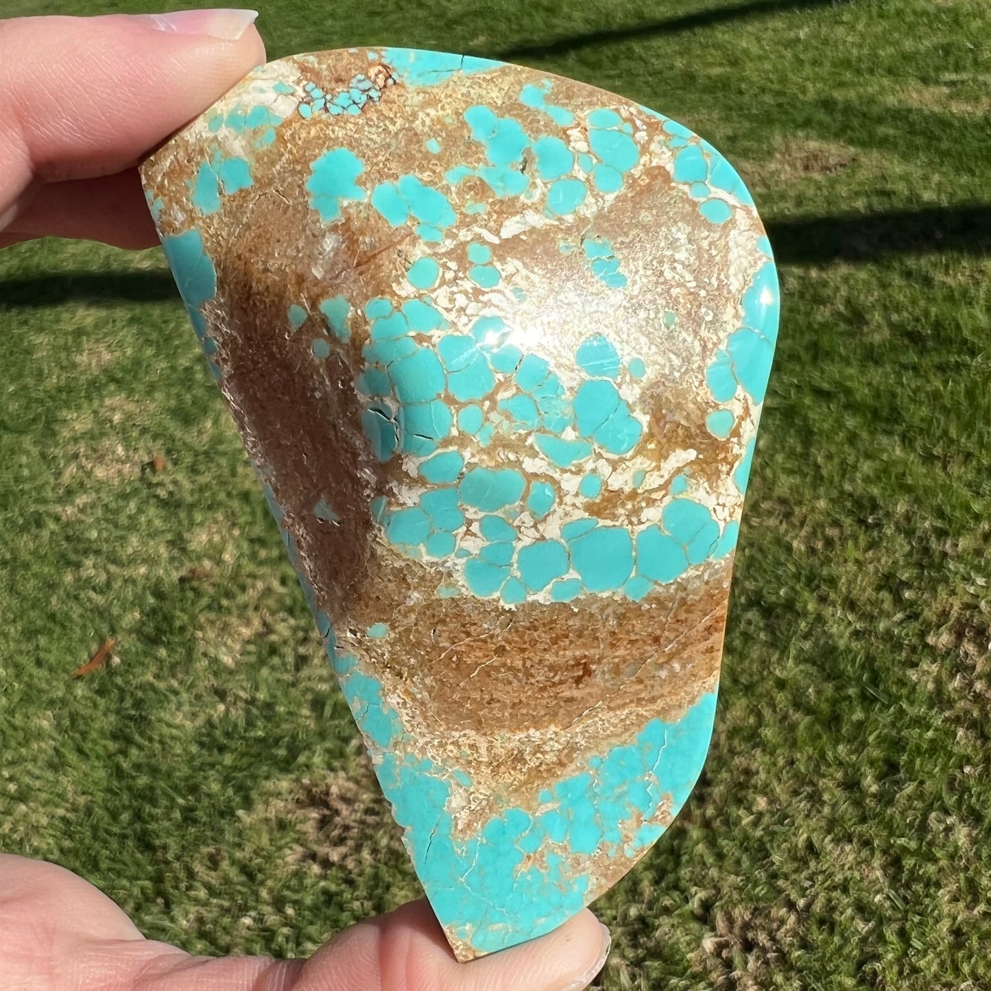 A large, polished turquoise specimen from the Cripple Creek mine.