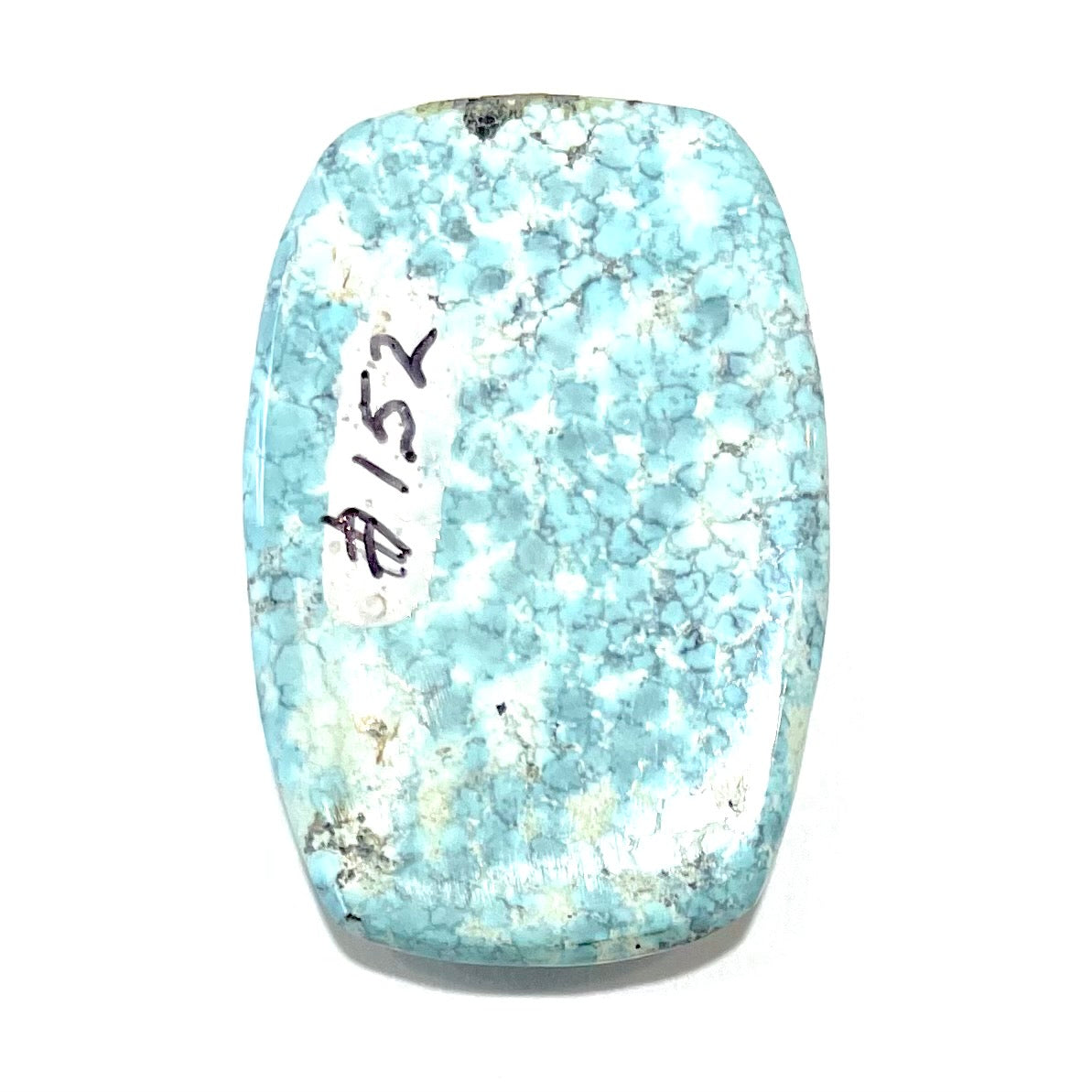A loose, barrel cabochon cut turquoise stone from Baja California.  The piece is light blue with a gray matrix.