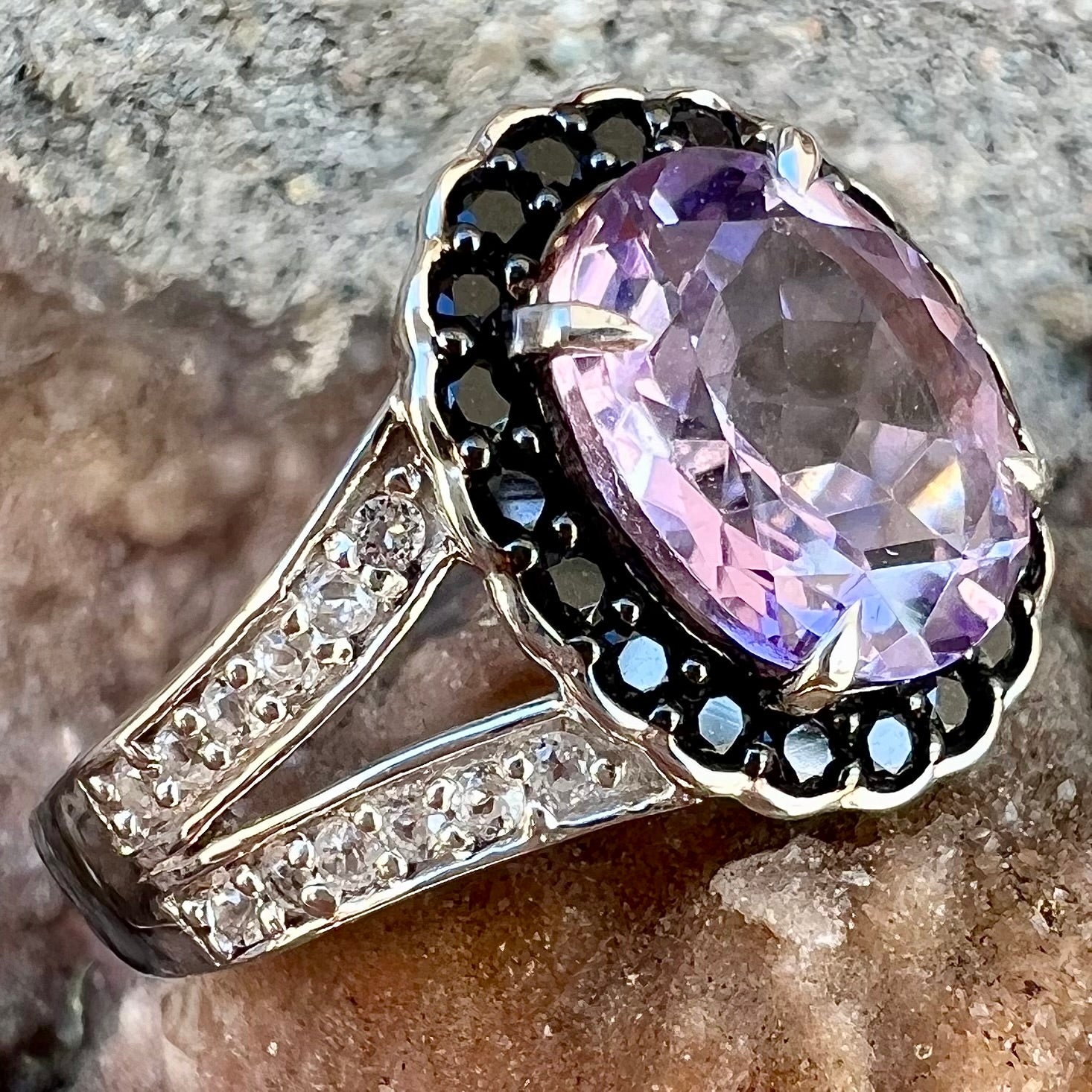 9ct Rose Gold Amethyst, Black Sapphire & Diamond Ring