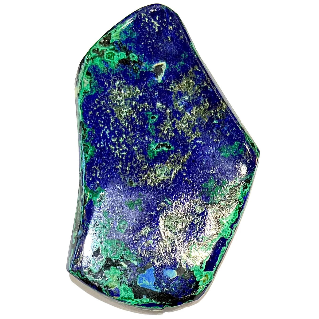 A thick polished slab of azurite with malachite inclusions.