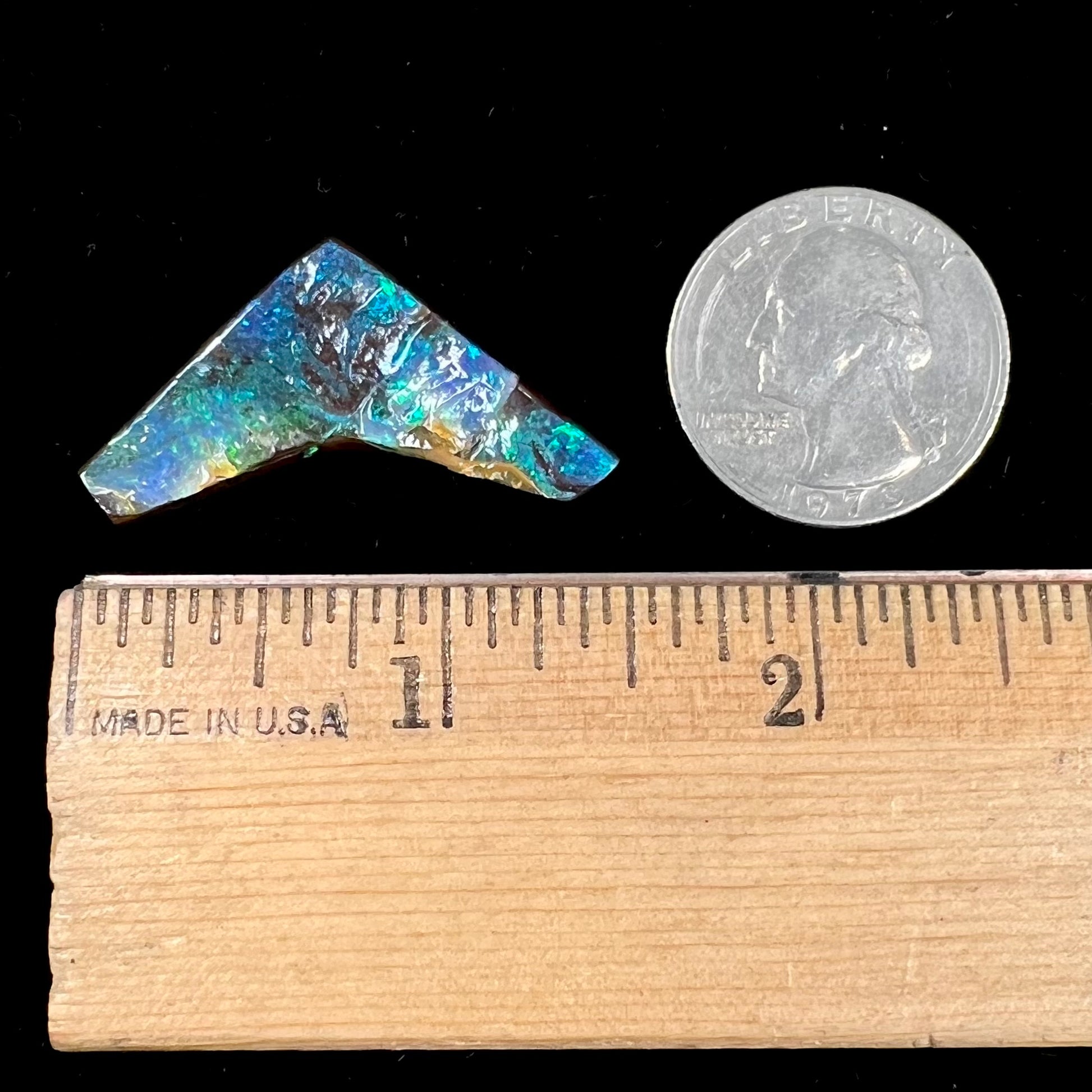A loose, boomerang shaped boulder opal stone from Quilpie, Australia.  The stone is predominantly blue and green.