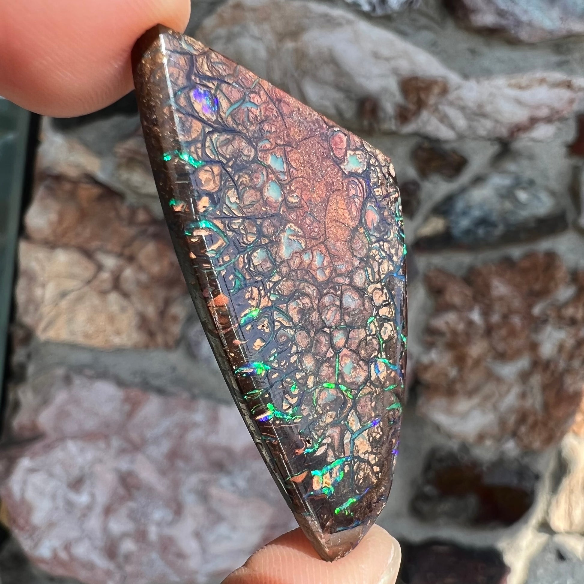 A loose, patterned boulder opal stone from the Koroit Mining District in Queensland, Australia.