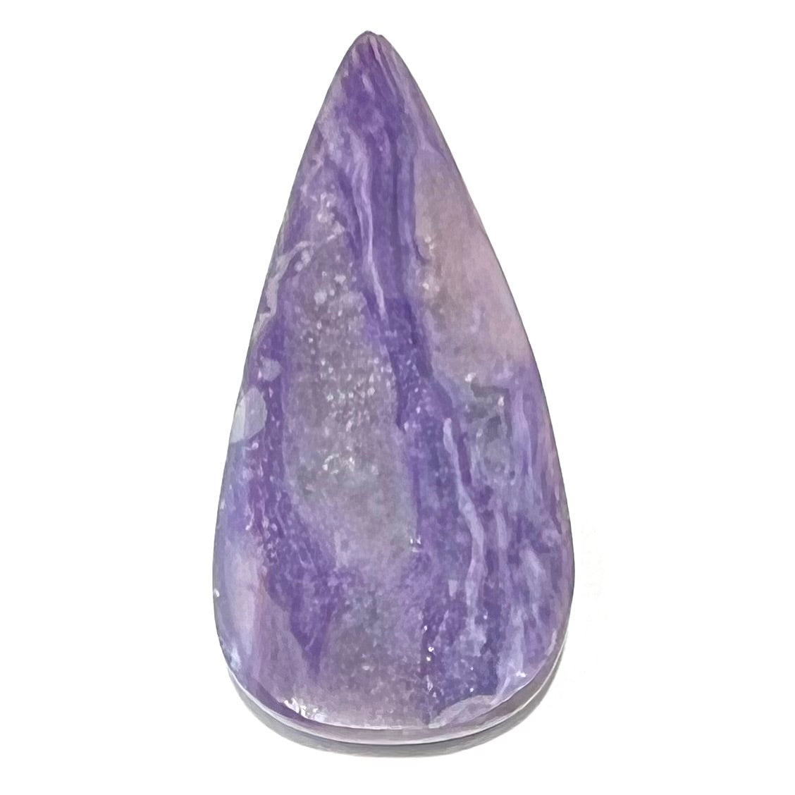 A pear shaped cabochon cut purple charoite stone.