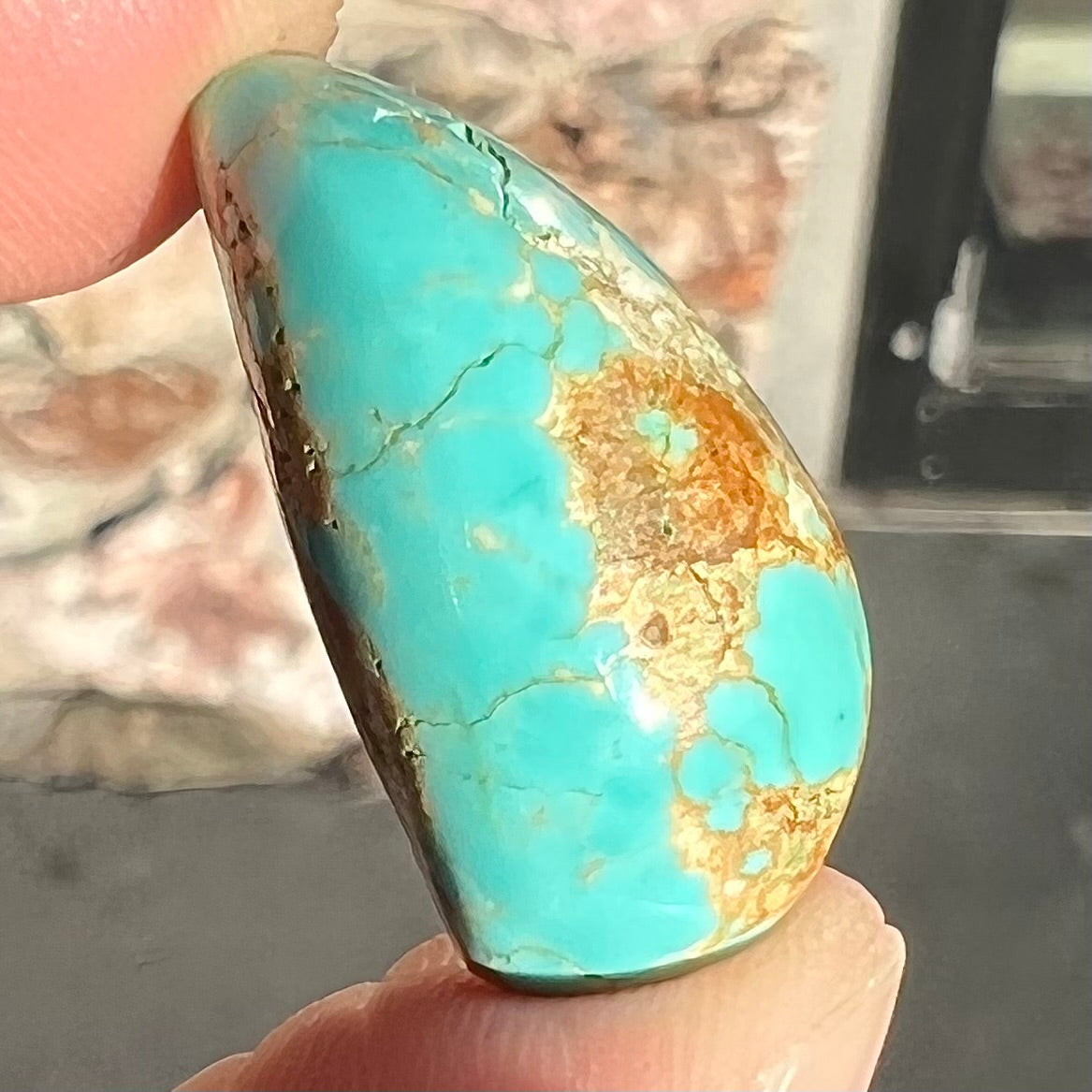 Loose blue turquoise stone from the Fox Mine in Lander County, Nevada.
