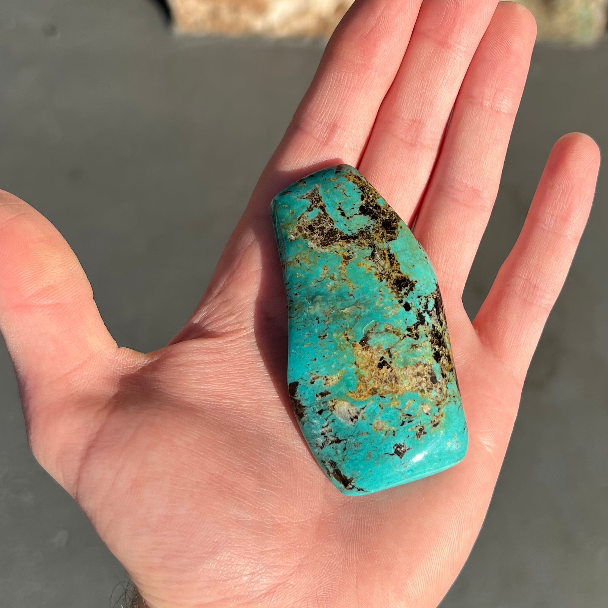 Loose turquoise stone from Cow Springs, Nevada.  Black and white matrix is visible.