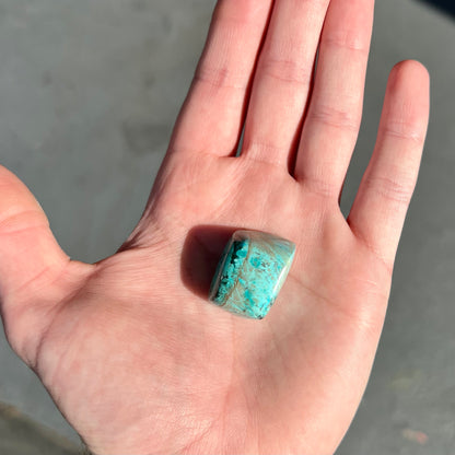 A loose, polished turquoise specimen with azurite inclusions.