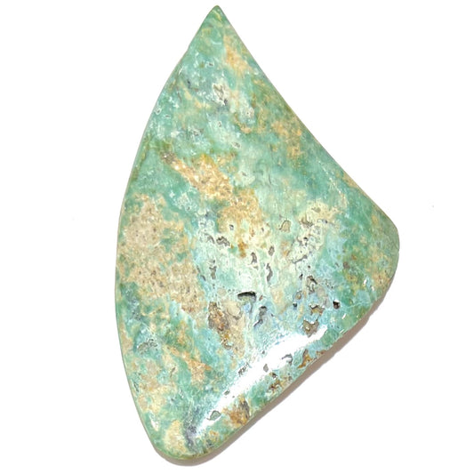 A triangular cut polished green turquoise stone from Morenci, Arizona.