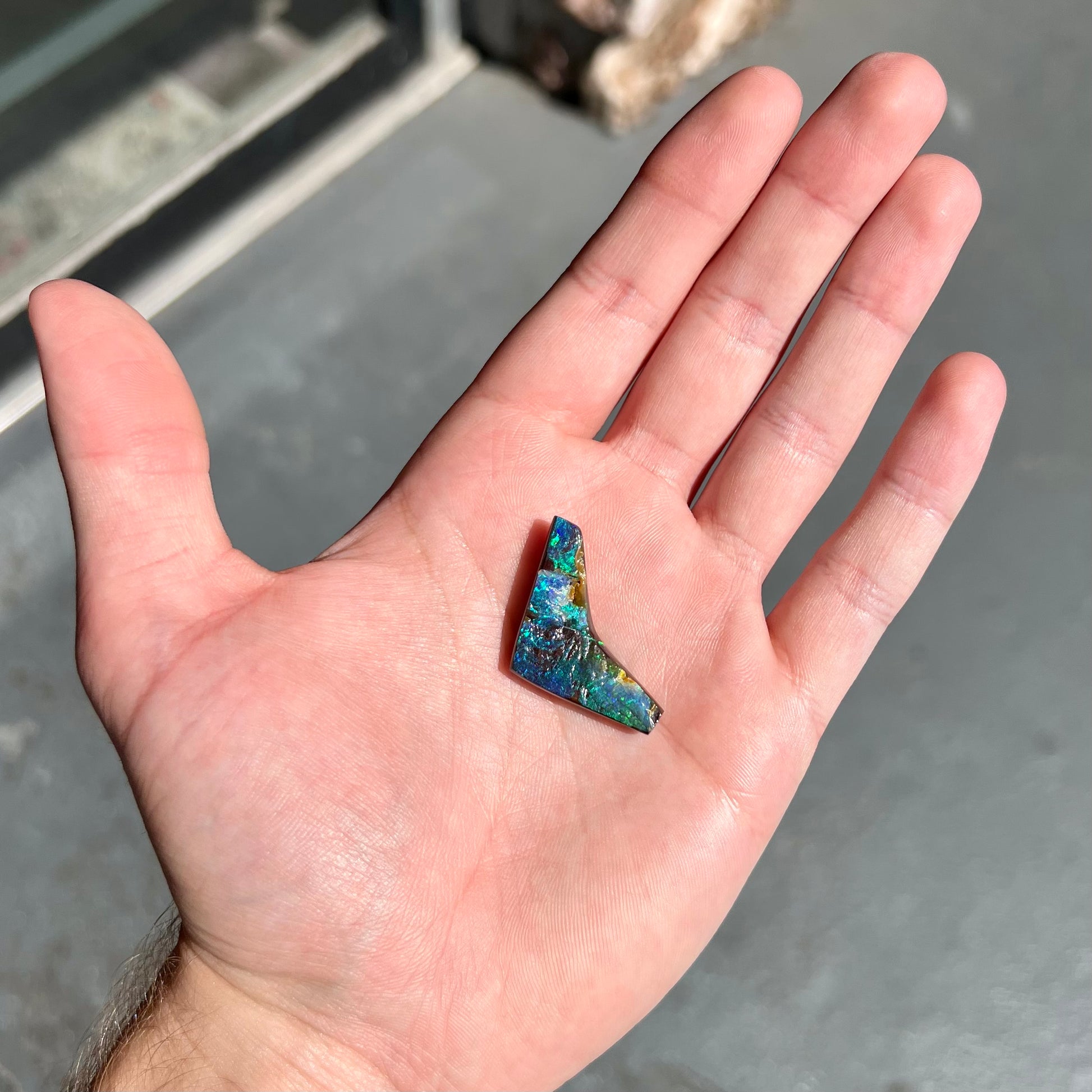 A loose, boomerang shaped boulder opal stone from Quilpie, Australia.  The stone is predominantly blue and green.