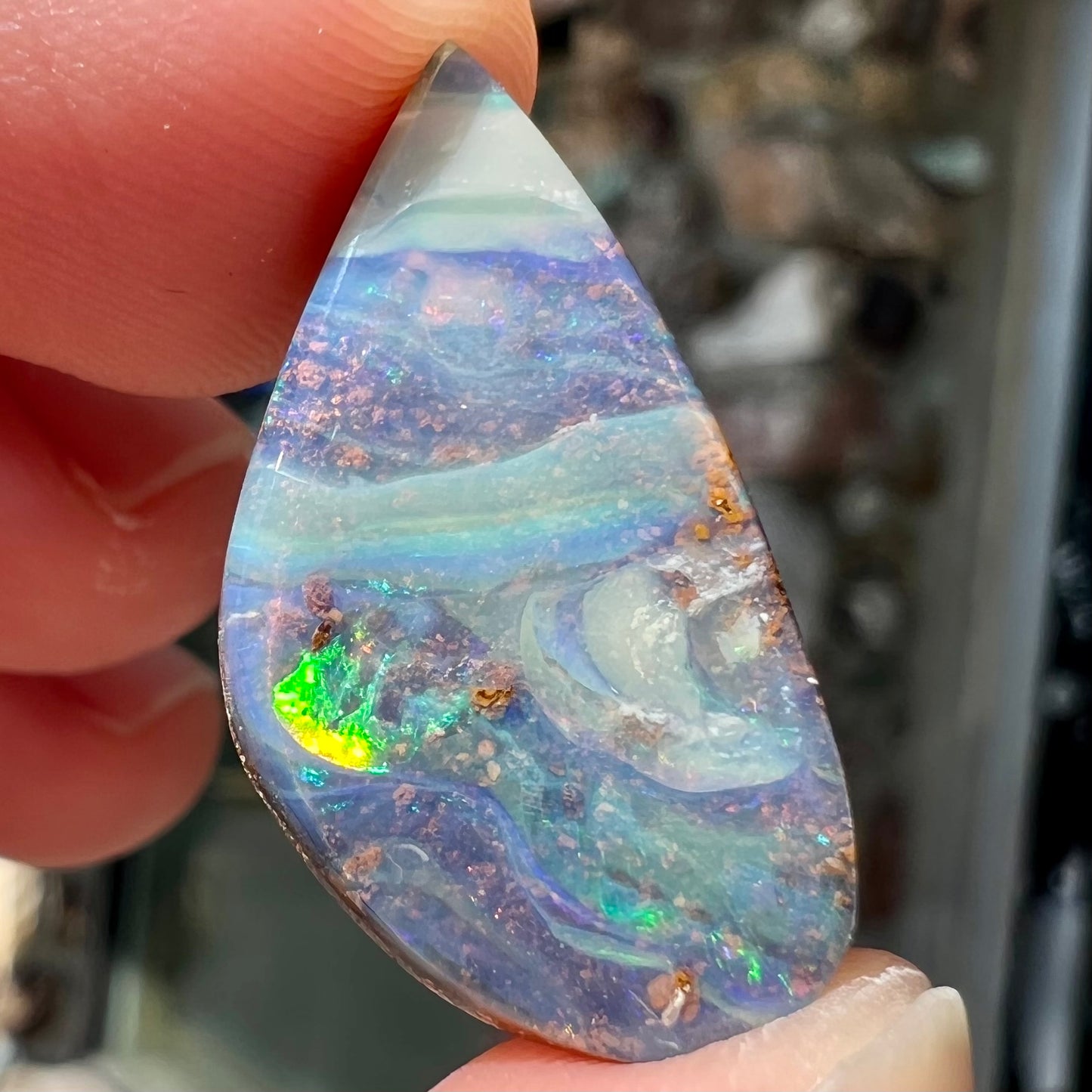 A loose Australian boulder opal stone from Quilpie, Australia.