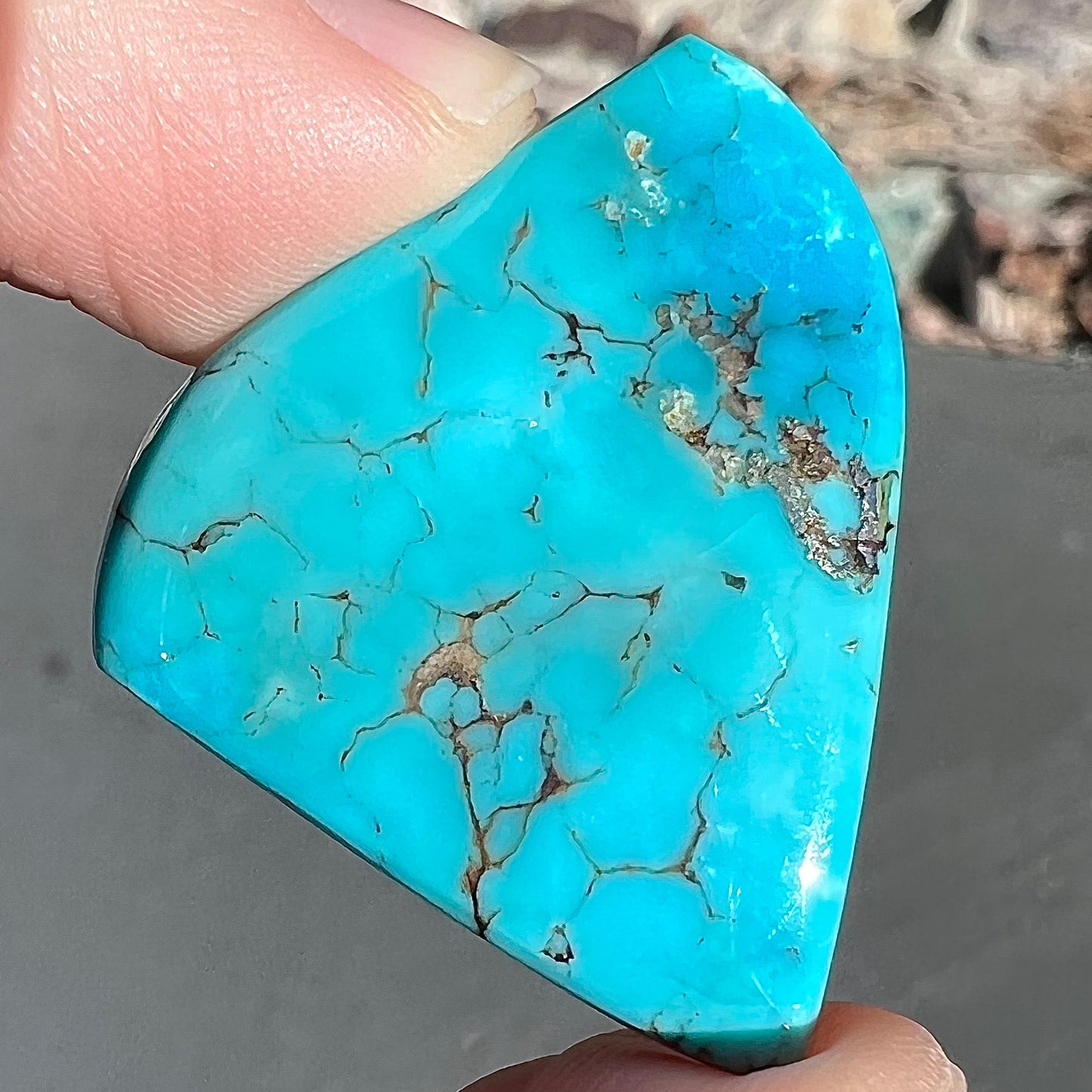 A loose, polished freeform piece of blue turquoise from the Sleeping Beauty Mine in Arizona.