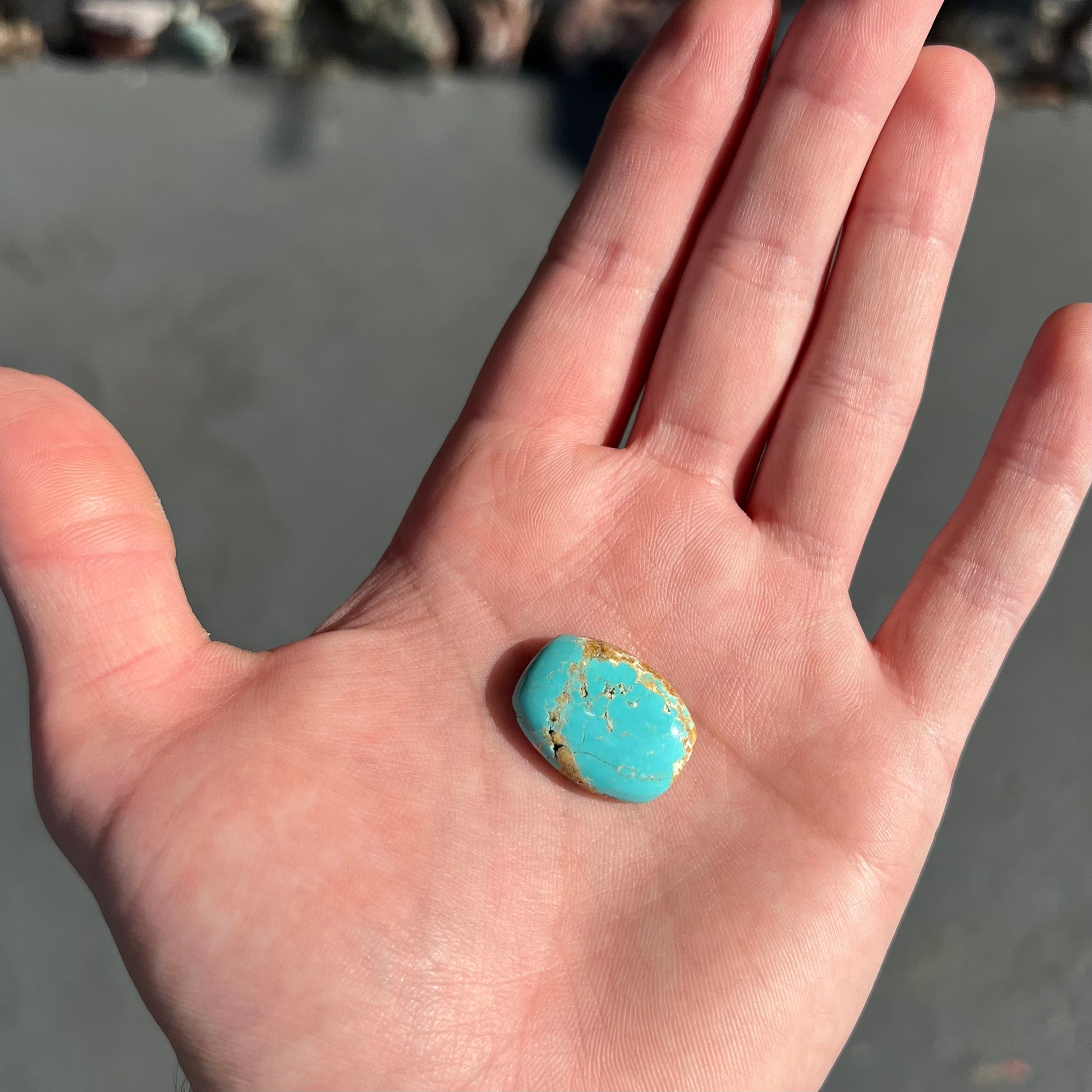 One loose polished turquoise stone cabochon from Royston Mining District.  The color is robin's egg blue with light brown matrix.