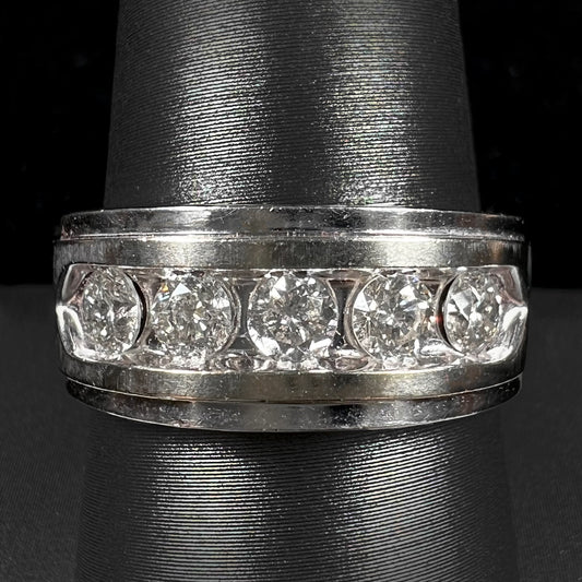 A men's estate white gold five stone diamond ring.