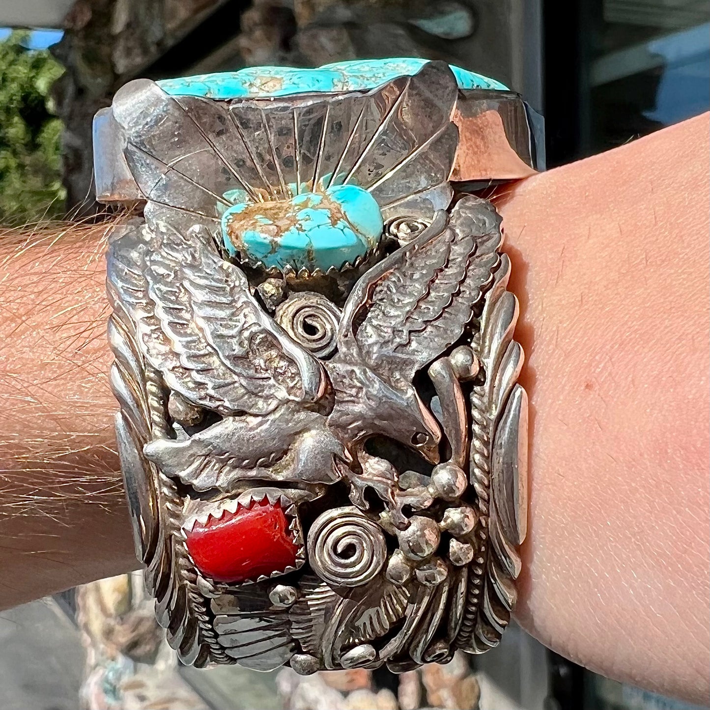 A men's Sleeping Beauty turquoise nugget cuff bracelt handmade by Navajo Artist, Allen Chee.