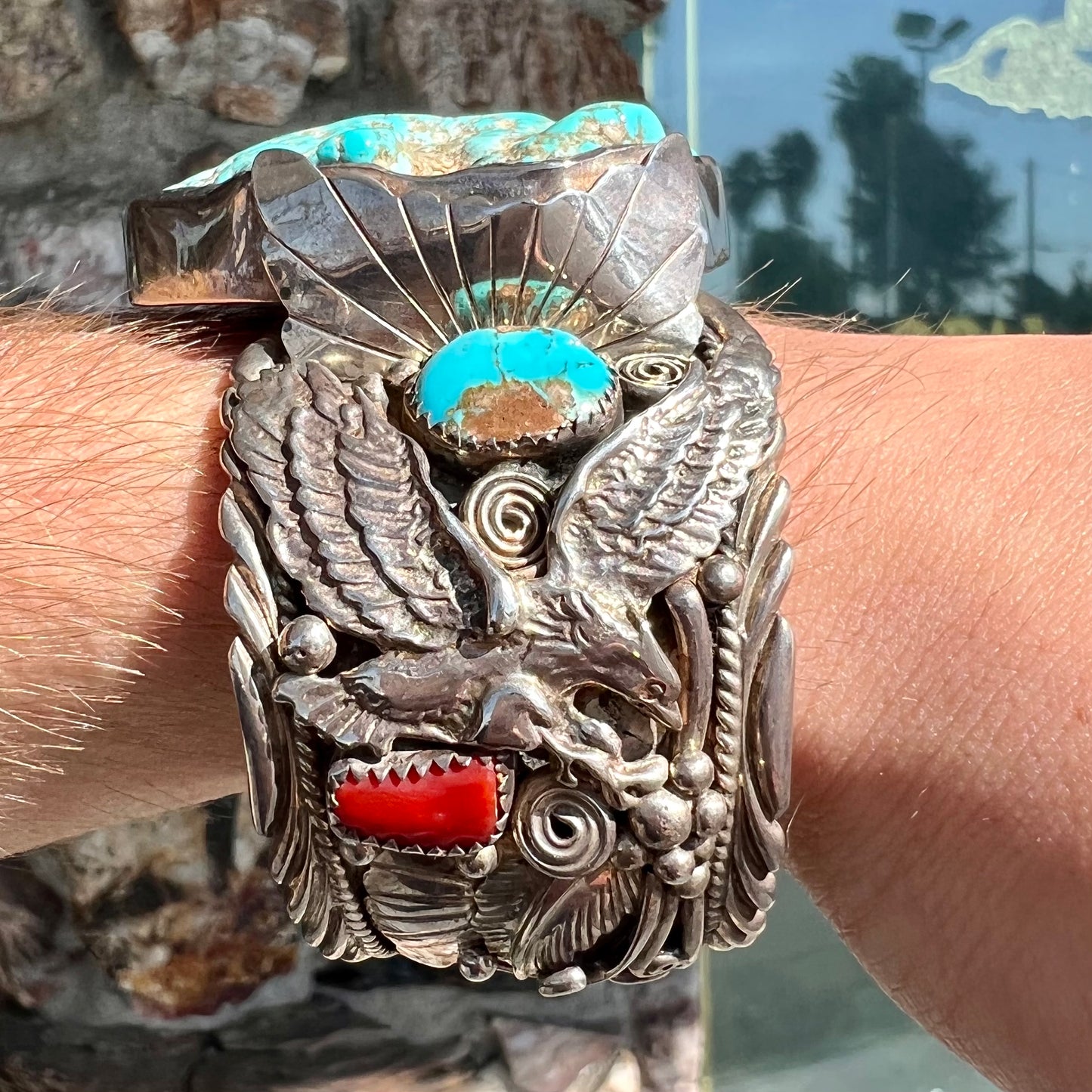 A men's Sleeping Beauty turquoise nugget cuff bracelt handmade by Navajo Artist, Allen Chee.