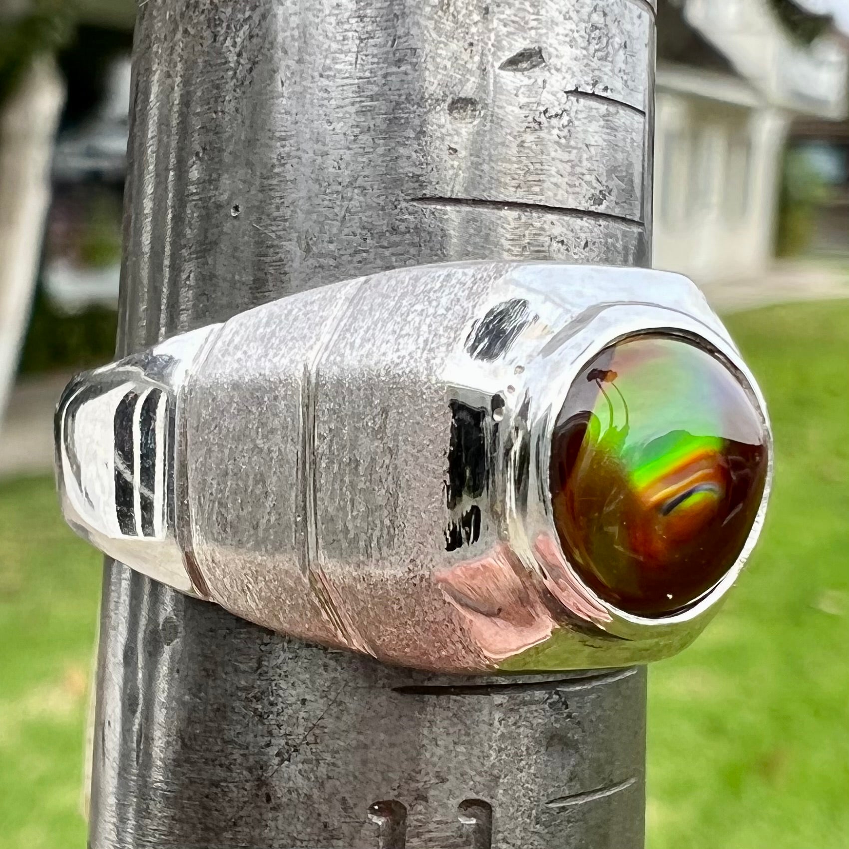 A round cabochon cut red and green fire agate set in a brushed metal white gold men's ring.