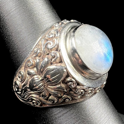 Unisex Moonstone Scroll Ring | Sterling Silver | Estate