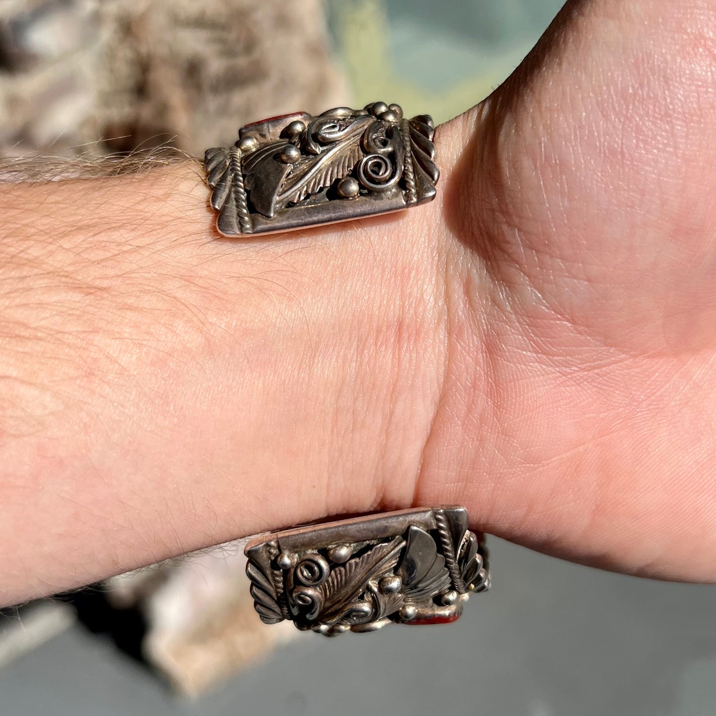 A men's Sleeping Beauty turquoise nugget cuff bracelt handmade by Navajo Artist, Allen Chee.