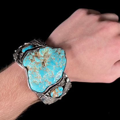 A men's Sleeping Beauty turquoise nugget cuff bracelt handmade by Navajo Artist, Allen Chee.