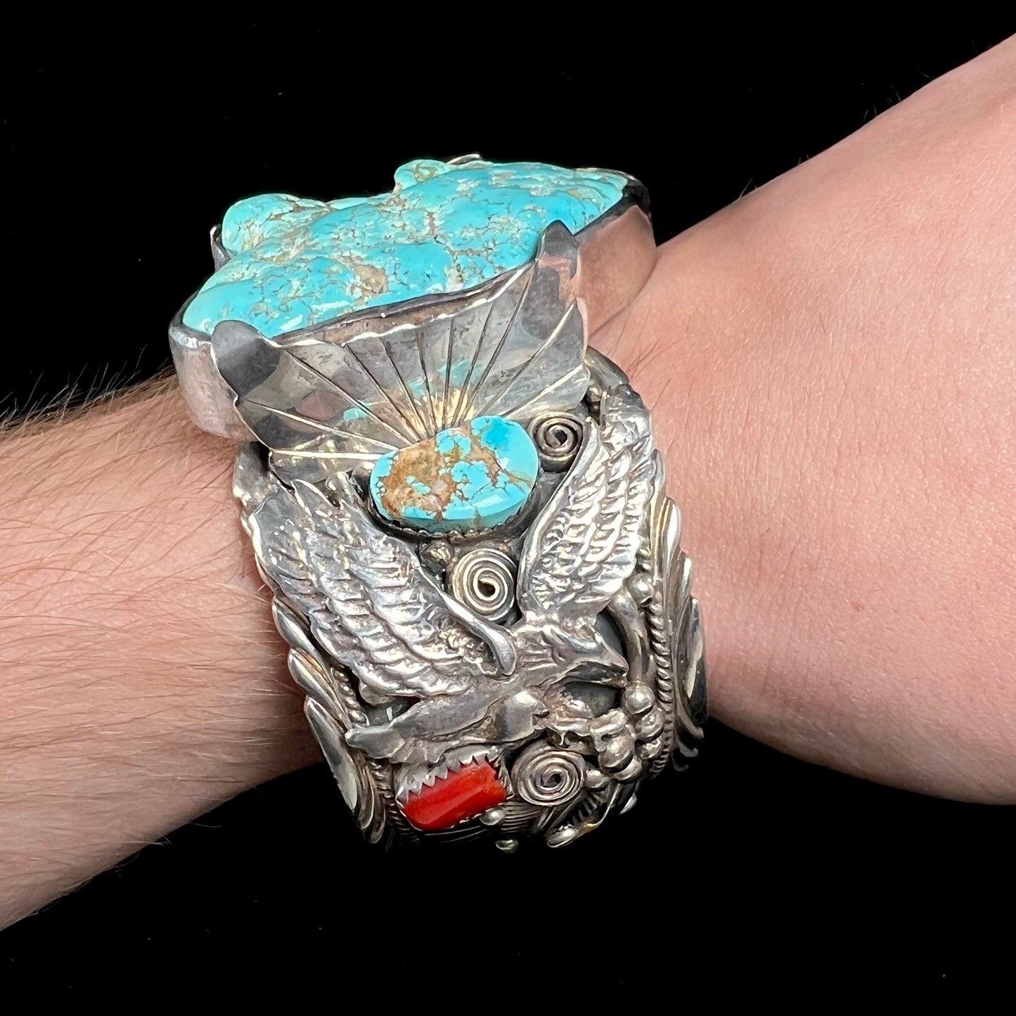 A men's Sleeping Beauty turquoise nugget cuff bracelt handmade by Navajo Artist, Allen Chee.