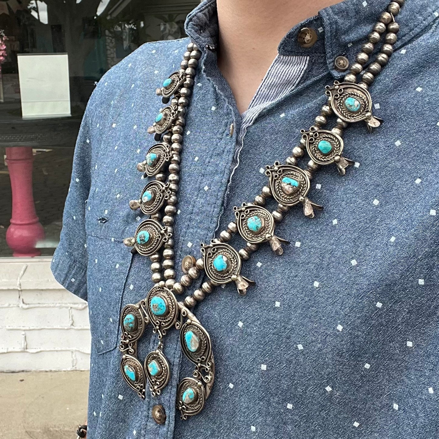 Kingman Turquoise Squash Blossom Necklace | Sterling Silver | Vintage c.1950's