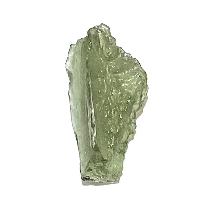 A loose, natural moldavite crystal.