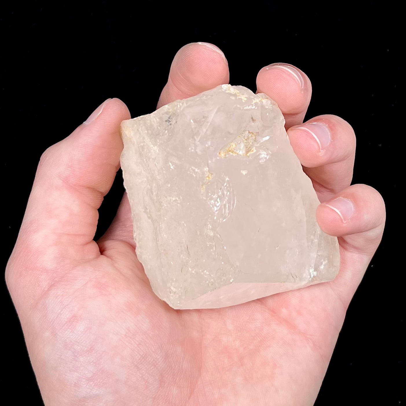 A rough, pink morganite crystal from the Stewart Mine in Pala, California.