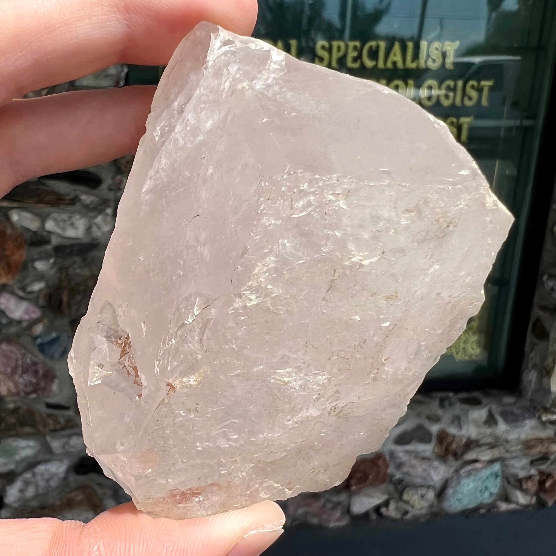 A rough, pink morganite crystal from the Stewart Mine in Pala, California.