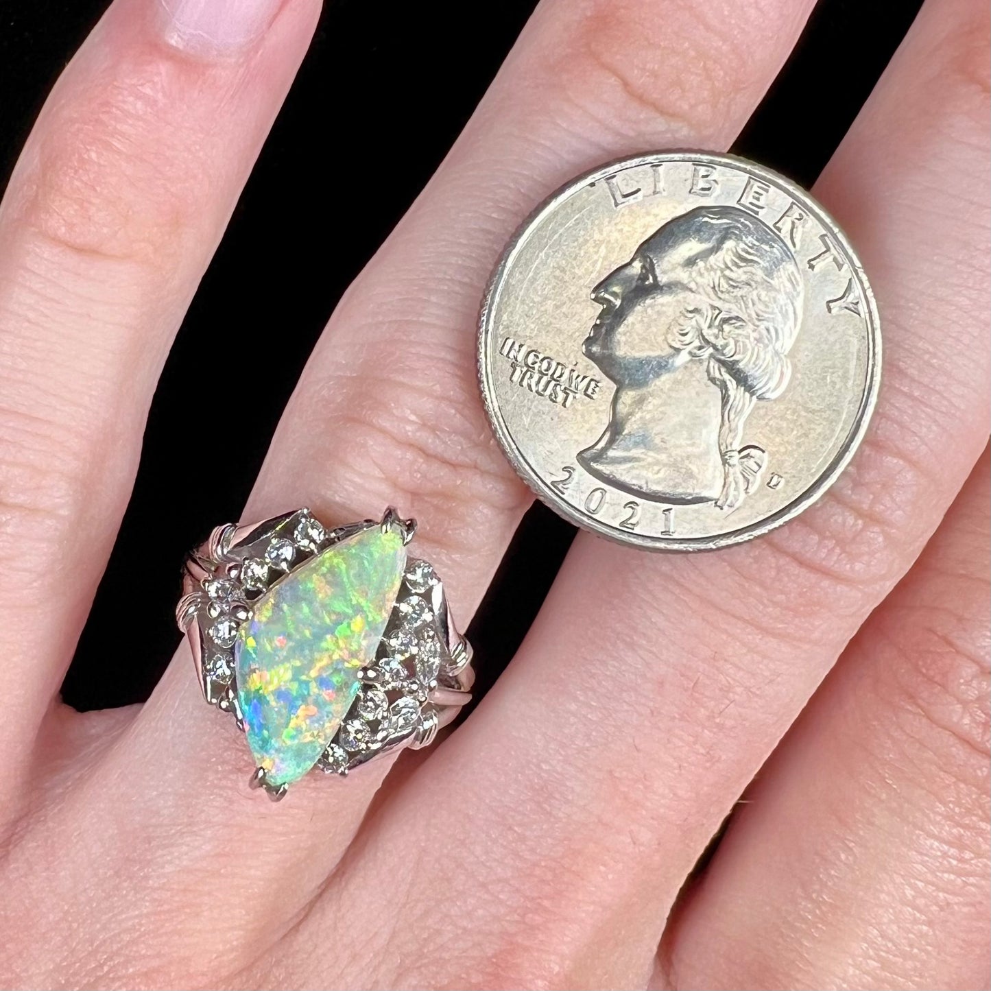 Camille | 2.11ct Australian Crystal Opal & Diamond Platinum Ring