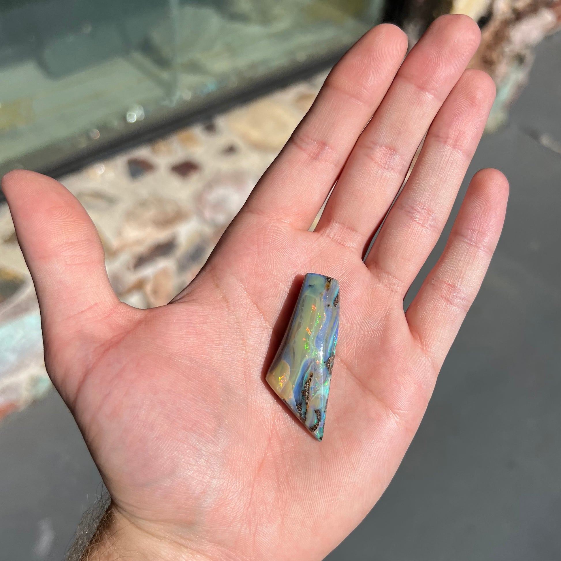 A freeform shaped, polished boulder opal stone from Queensland, Australia.  The stone has red, orange, green, and blue fire.