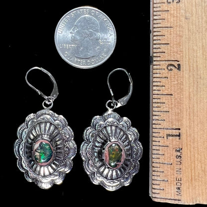 A pair of handmade sterling silver cantera opal earrings.  The earrings are Navajo style by artist Sam Yah.