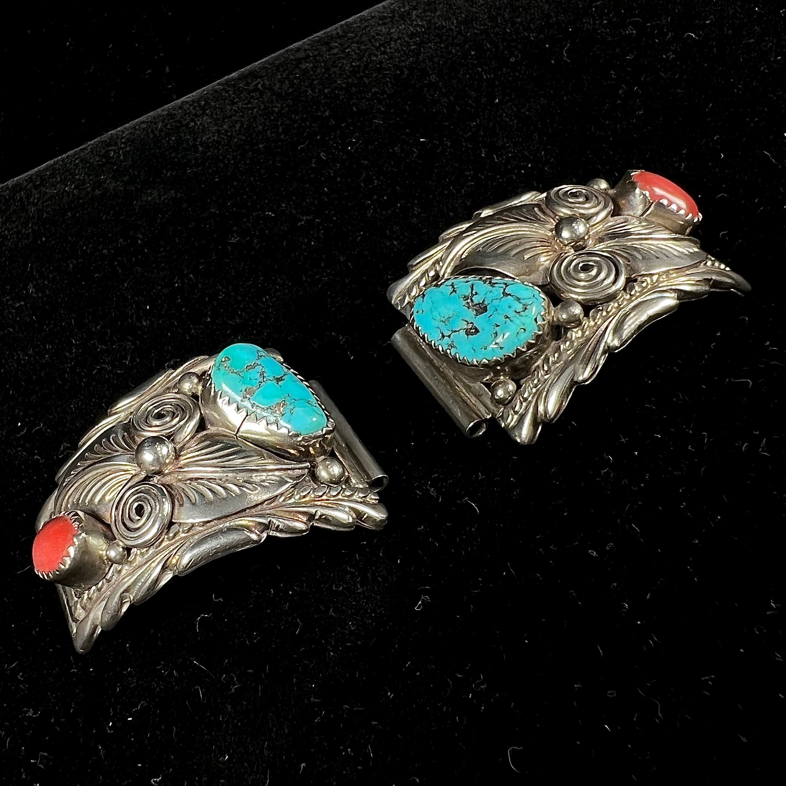 Navajo Turquoise Coral Silver Watch Cuffs c.1970 s Burton s Burton s Gems and Opals