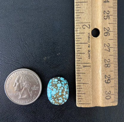 A light blue spiderweb turquoise stone with a greenish brown matrix from Number 8 Mine in Lander County, Nevada.