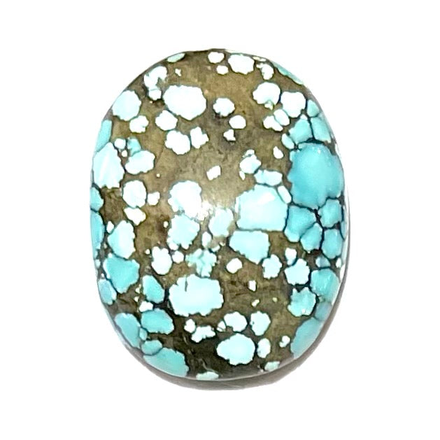 A light blue spiderweb turquoise stone with a greenish brown matrix from Number 8 Mine in Lander County, Nevada.