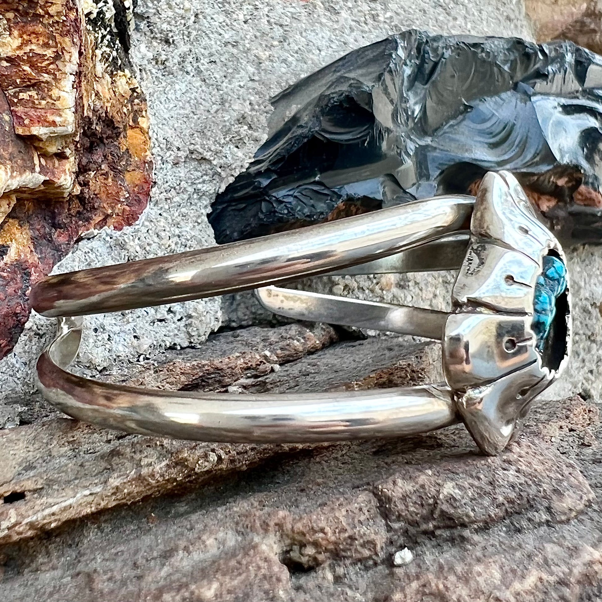 A Navajo style rough turquoise nugget silver cuff bracelet.