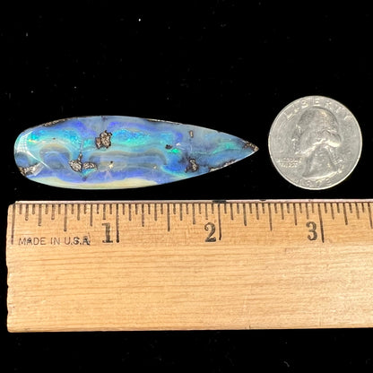 A blue, drop shaped Quilpie boulder opal stone from Queensland, Australia.
