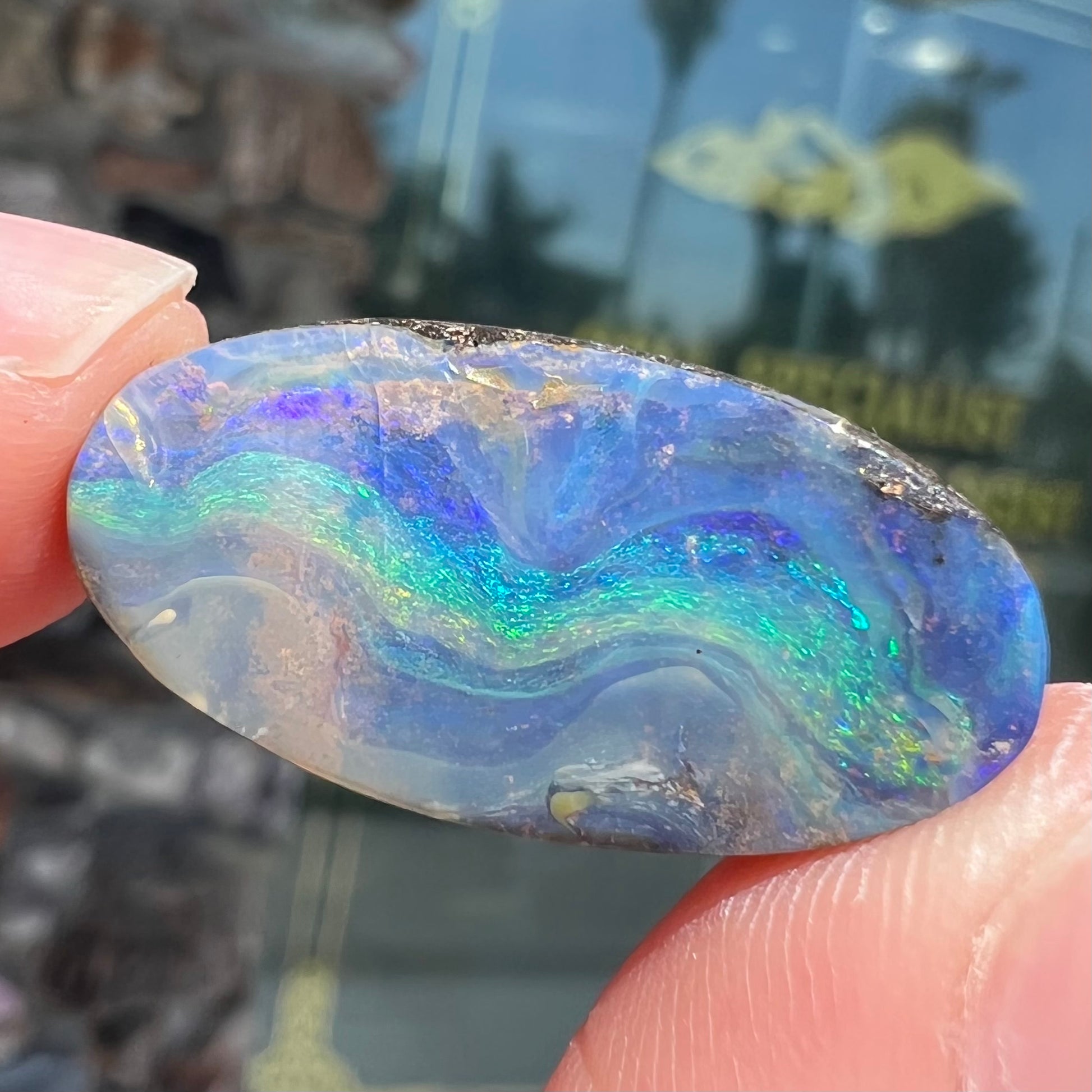 A loose, oval cabochon cut Quilpie boulder opal from Queensland, Australia.  The stone is blue with green fire.