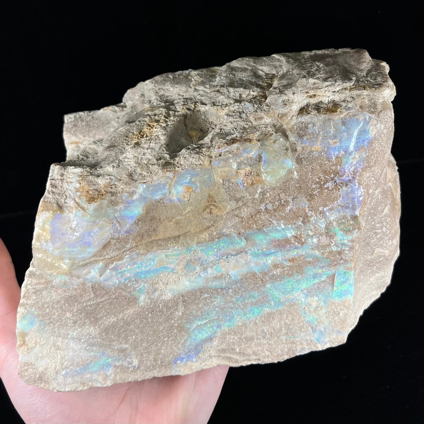 A rough Painted Lady boulder opal specimen that shows blue, green, and pinkish red colors.