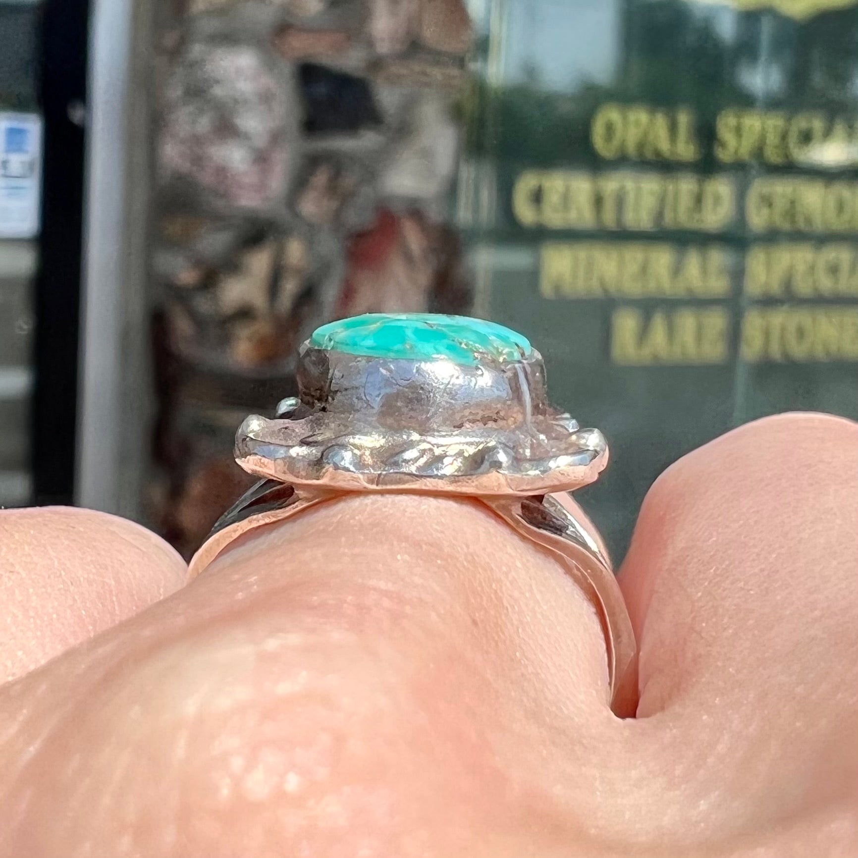 A handmade sterling silver turquoise ring set with a turquoise stone from Pilot Mountain.